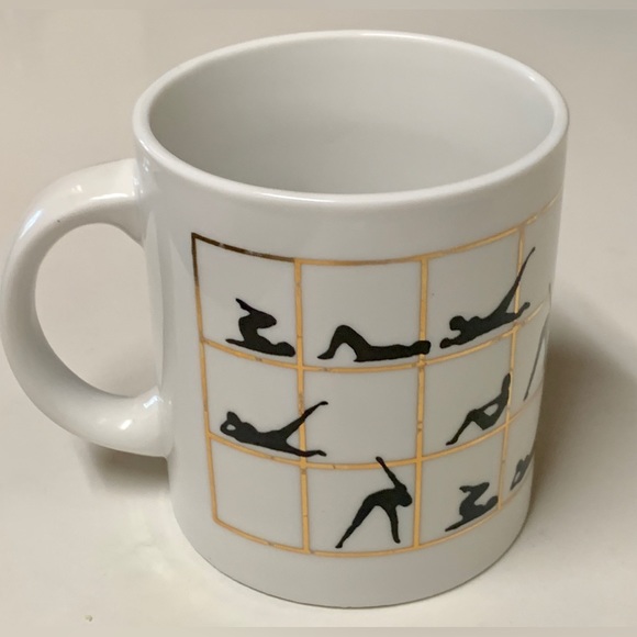 1980s Vintage Gold Trim Lattice Ceramic Yoga Poses Aerobic Exercise Coffee Mug - Picture 6 of 16